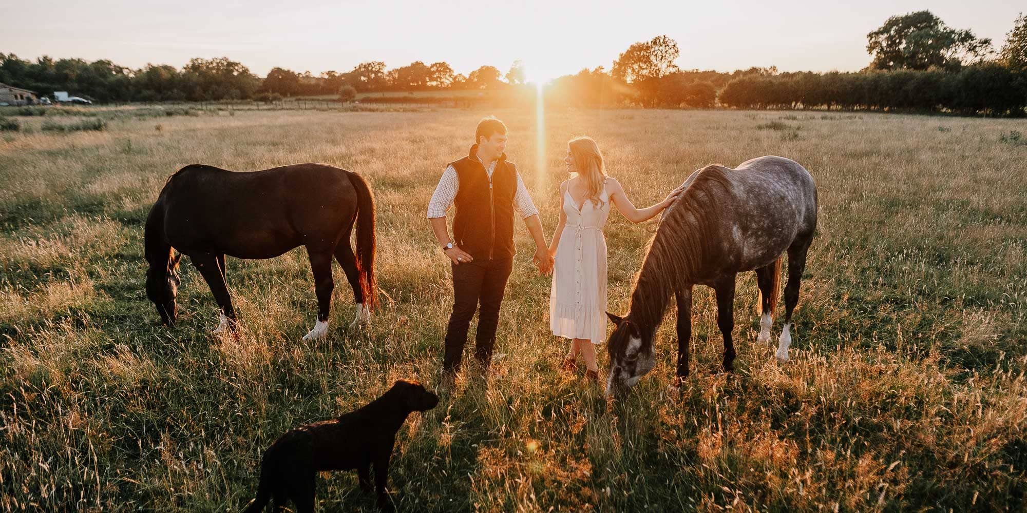 A couple stand between two horses in a field at sunset